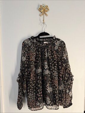 LOFT NWT Floral Ruffle Neck Long-Sleeve Blouse - Black MEDIUM